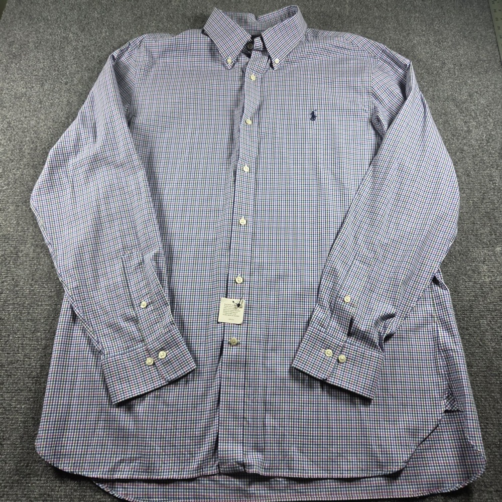 Polo Ralph Lauren Blue Plaid Button Down Custom Fit Dress Shirt 17.5 Pony NWT